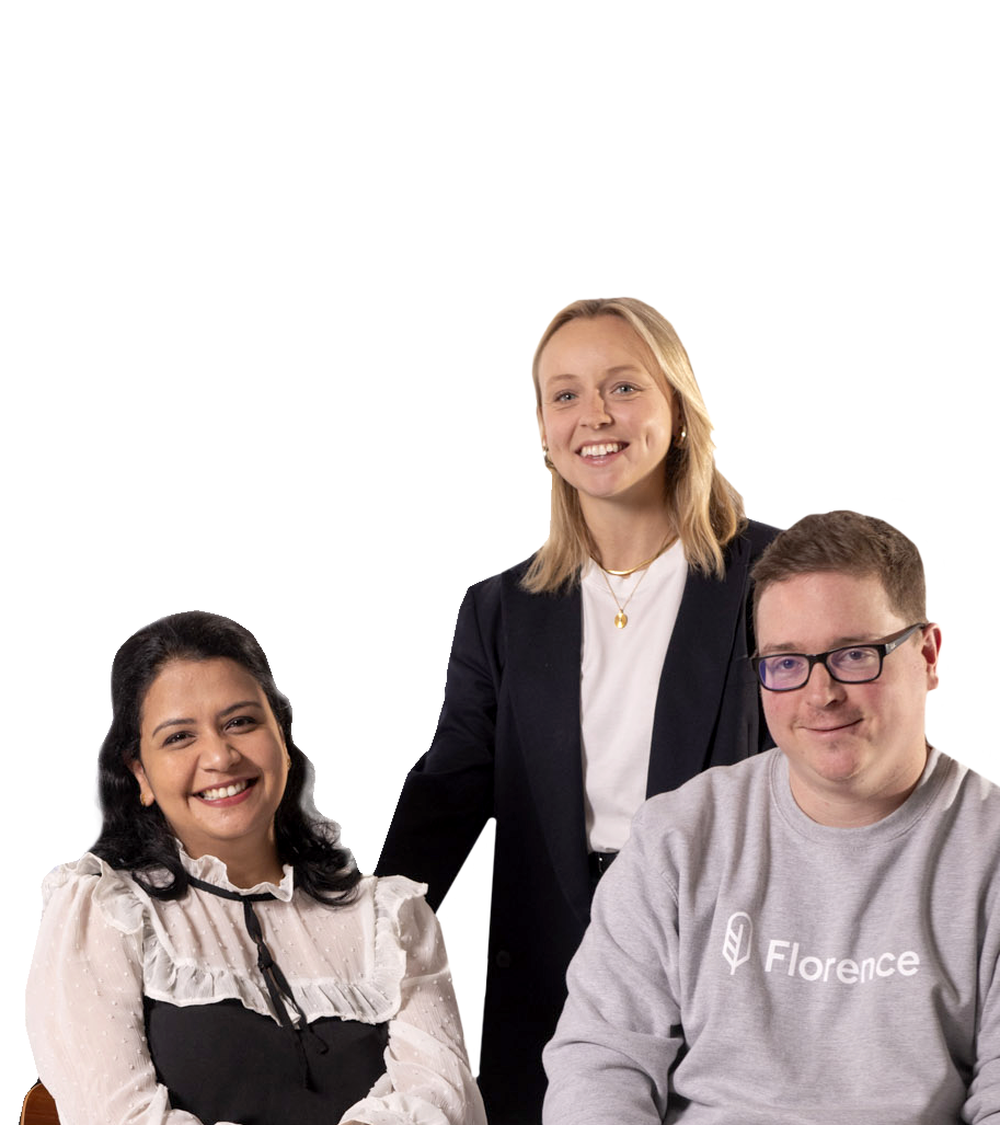 Three Florence team members smiling together, representing the dedicated individuals behind the technology shaping health and care solutions.